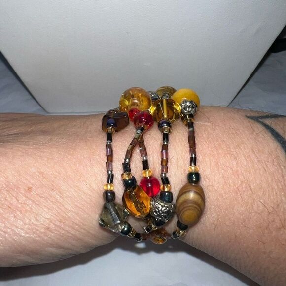 Boho Glass, Wood and Seed Bead Multi Strand Stretch Bracelet - Picture 2 of 7
